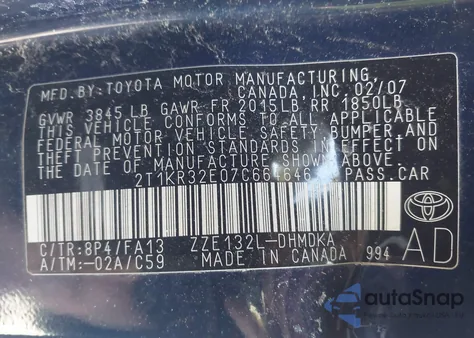 2007 Toyota Matrix z USA, uszkodzony, nr VIN 2T1KR32E07C664646